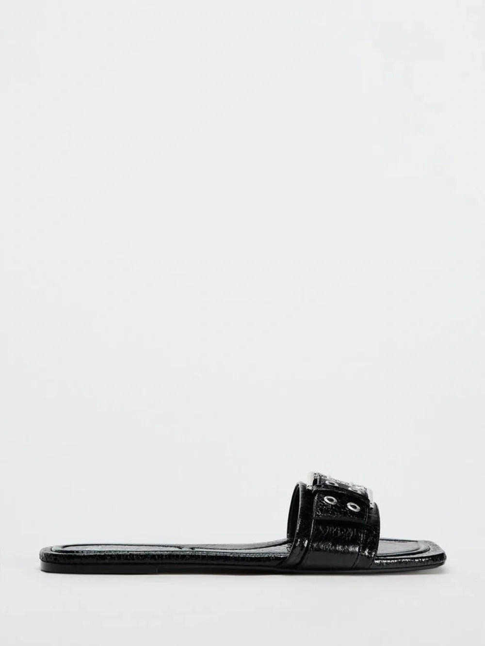Zara Size 10 / 41 Buckled Flat Slide Sandals Black Faux Patent Leather - Picture 4 of 11
